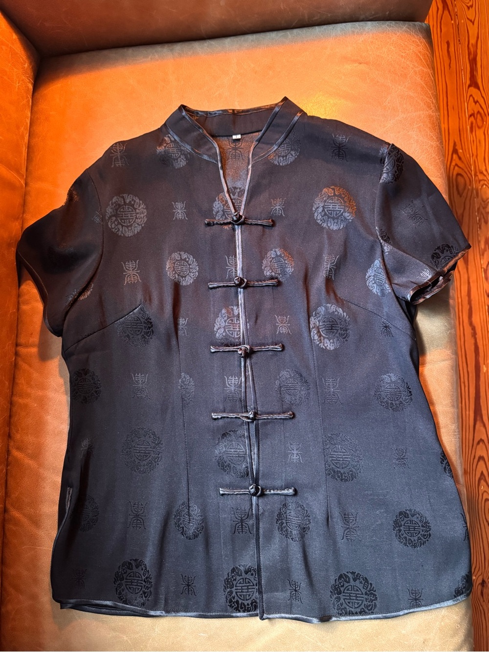 Vintage Black Mandarin Collar Short-Sleeve Shirt frog closures black print Asian
